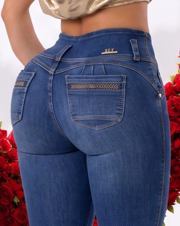 JEAN STRETCH TIRO ALTO 3 BOTONES CON BOLSILLOS BOTA TUBO